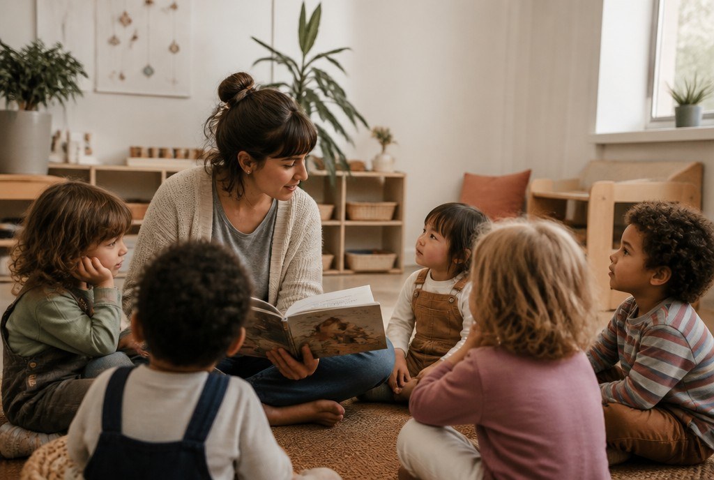 An early learning teacher reading to a group of children